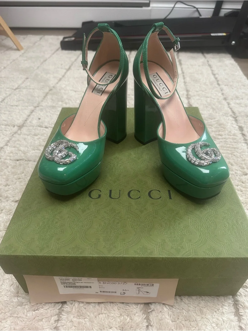 Gucci Glossy Emerald Green Patent Platform Pumps with Crystal GG Buckle